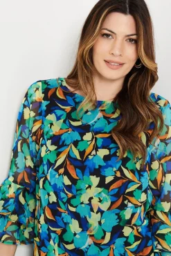 Blue Floral Fluted Sleeve Shift Dress