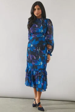 Blue Floral Frill Detail Midi Dress