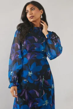 Blue Floral Frill Detail Midi Dress