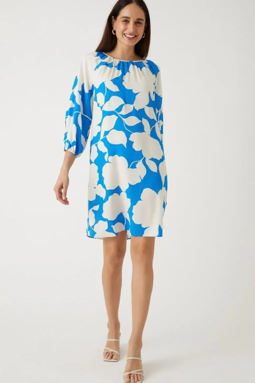 Blue Floral Pleat Detail Shift Dress