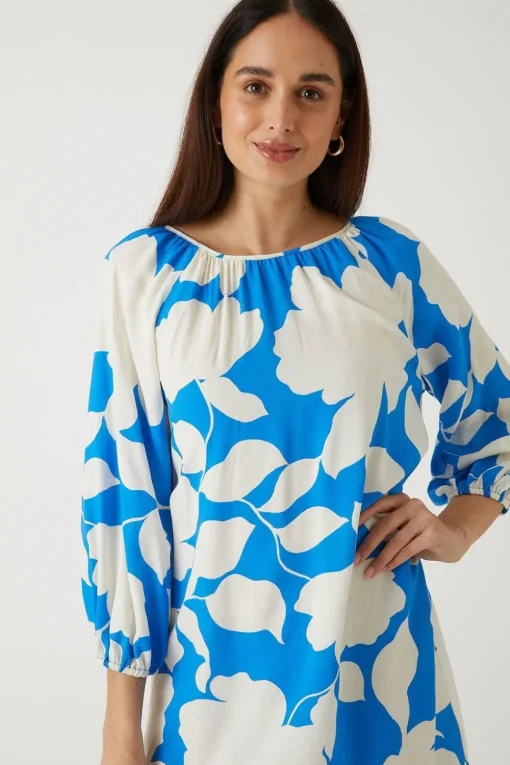 Blue Floral Pleat Detail Shift Dress