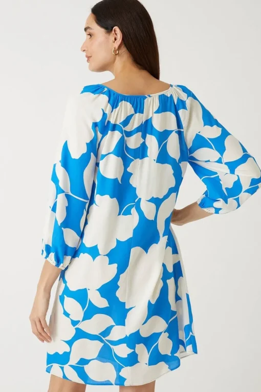 Blue Floral Pleat Detail Shift Dress