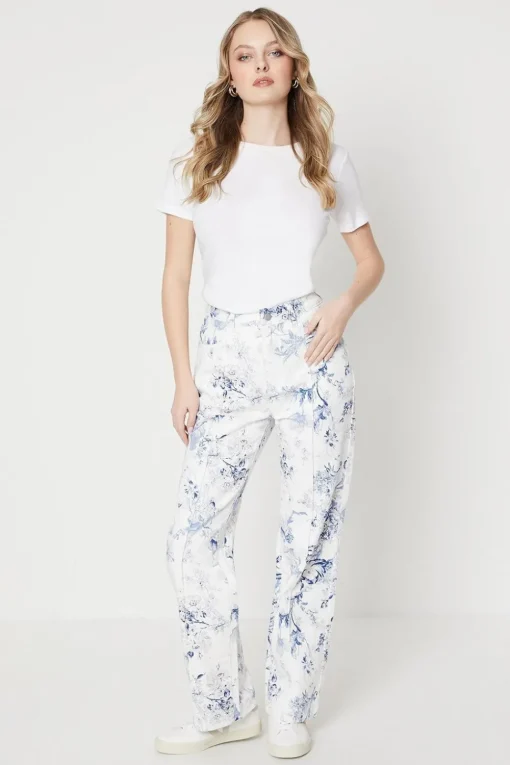 Blue Floral Printed Denim Straight Leg Jean