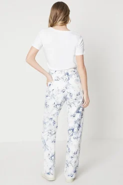 Blue Floral Printed Denim Straight Leg Jean