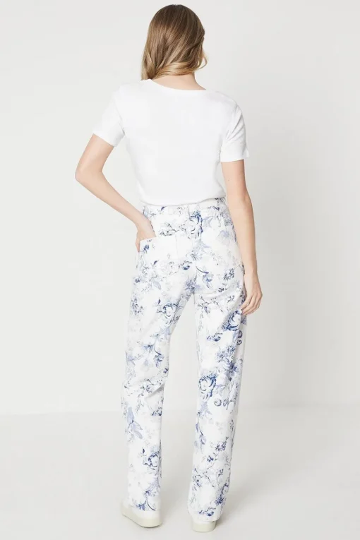 Blue Floral Printed Denim Straight Leg Jean