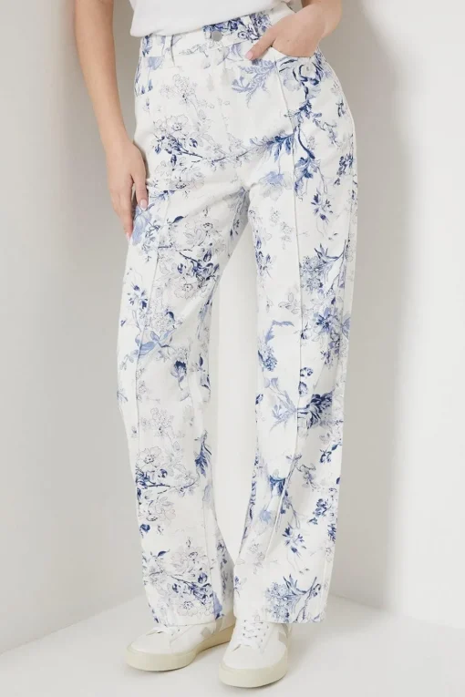 Blue Floral Printed Denim Straight Leg Jean