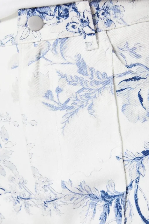 Blue Floral Printed Denim Straight Leg Jean
