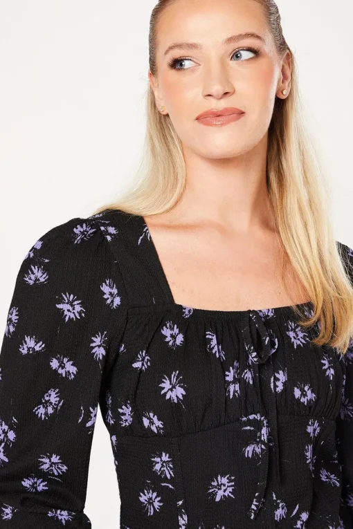 Blue Spaced Floral Tie Front Long Sleeve Top