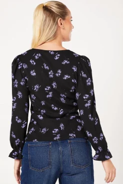 Blue Spaced Floral Tie Front Long Sleeve Top