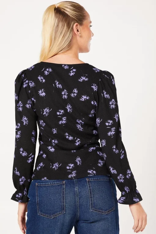 Blue Spaced Floral Tie Front Long Sleeve Top
