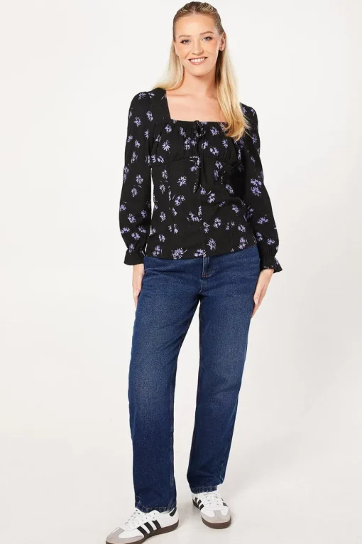 Blue Spaced Floral Tie Front Long Sleeve Top