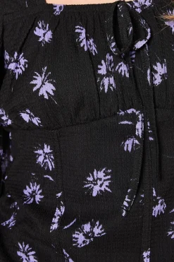 Blue Spaced Floral Tie Front Long Sleeve Top