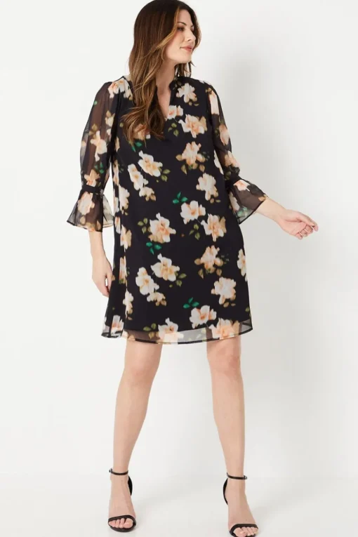 Blurred Floral V-neck Shift Dress