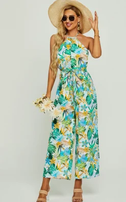 Boho Flora Print Halter Neck Jumpsuit In Green
