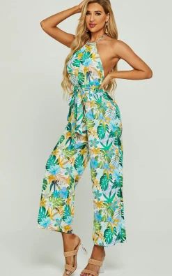 Boho Flora Print Halter Neck Jumpsuit In Green