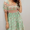 Boho Mini Dress With Pink Floral Print In Mint Green