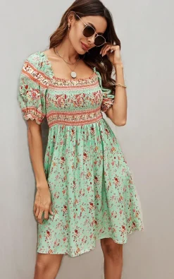 Boho Mini Dress With Pink Floral Print In Mint Green