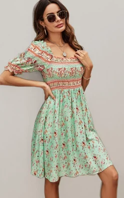 Boho Mini Dress With Pink Floral Print In Mint Green