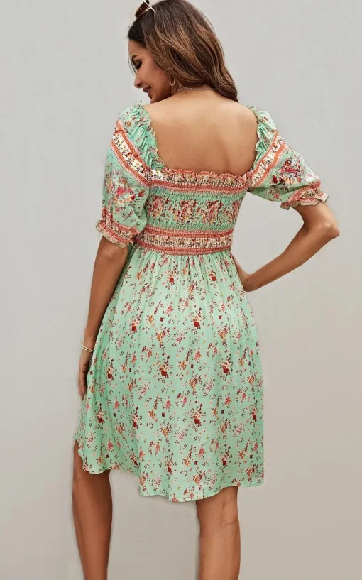 Boho Mini Dress With Pink Floral Print In Mint Green