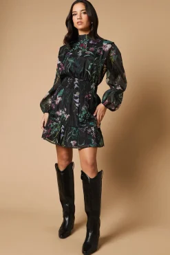 Border Print Organza Shirred Waist Tie Back Mini Dress