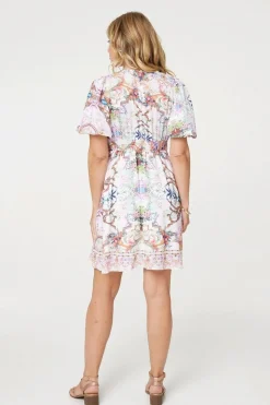 Border Print V-Neck Empire Mini Dress