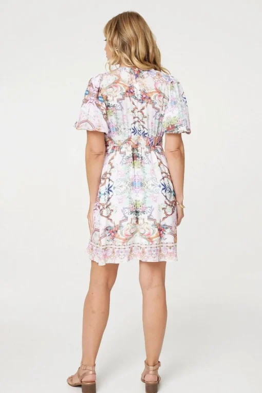 Border Print V-Neck Empire Mini Dress