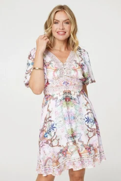Border Print V-Neck Empire Mini Dress