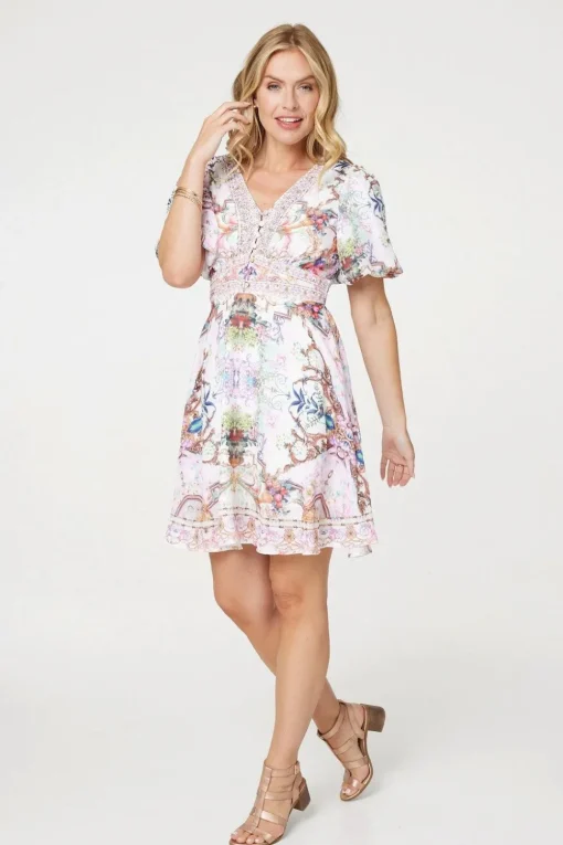 Border Print V-Neck Empire Mini Dress
