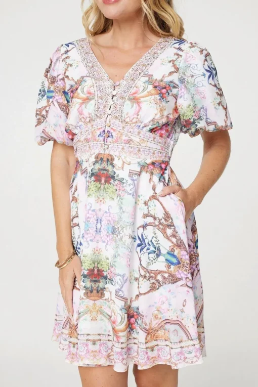 Border Print V-Neck Empire Mini Dress