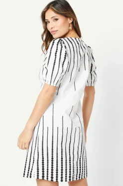 Border Spot Print Puff Sleeve Shift Dress