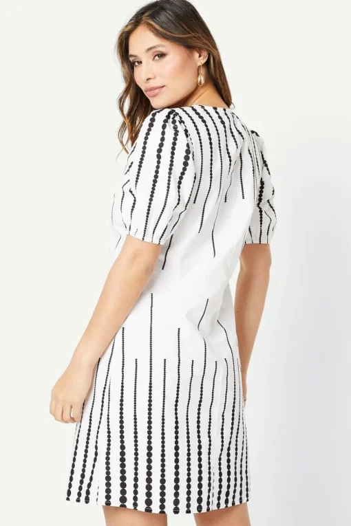 Border Spot Print Puff Sleeve Shift Dress