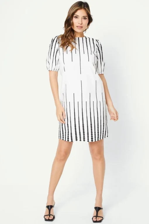 Border Spot Print Puff Sleeve Shift Dress