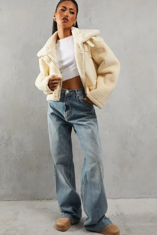 Borg Buckle Detail Cropped Aviator Jacket