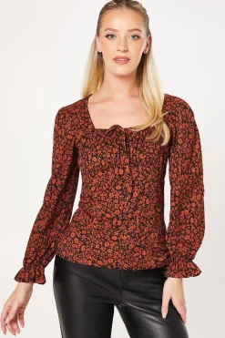 Burgundy Ditsy Tie Front Long Sleeve Top
