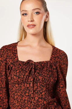Burgundy Ditsy Tie Front Long Sleeve Top
