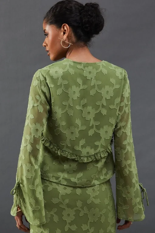 Burnout Chiffon Ruffle Tie Front Blouse Co-ord