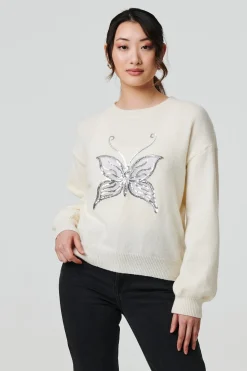 Butterfly Embellished Puff Sleeve Jumper