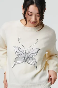 Butterfly Embellished Puff Sleeve Jumper