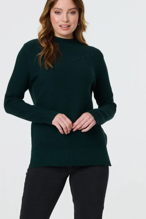 Button Detail High Neck Knit Jumper