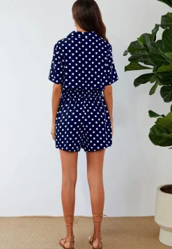 Button Down Playsuit In Navy With White Polka Dot Print