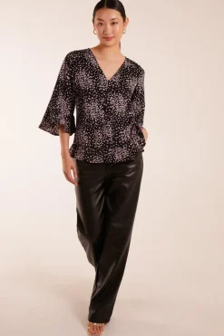 Button Front V Neck Flounce Blouse