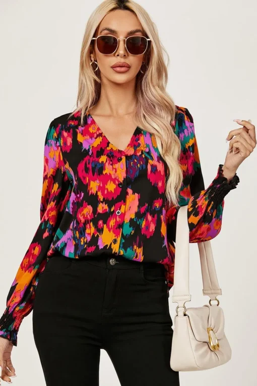 Button Through V Neck Long Sleeve Blouse Top