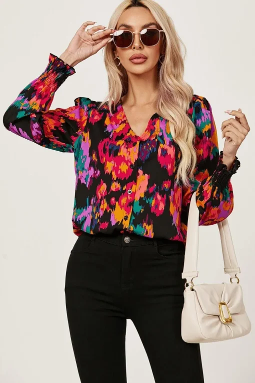 Button Through V Neck Long Sleeve Blouse Top
