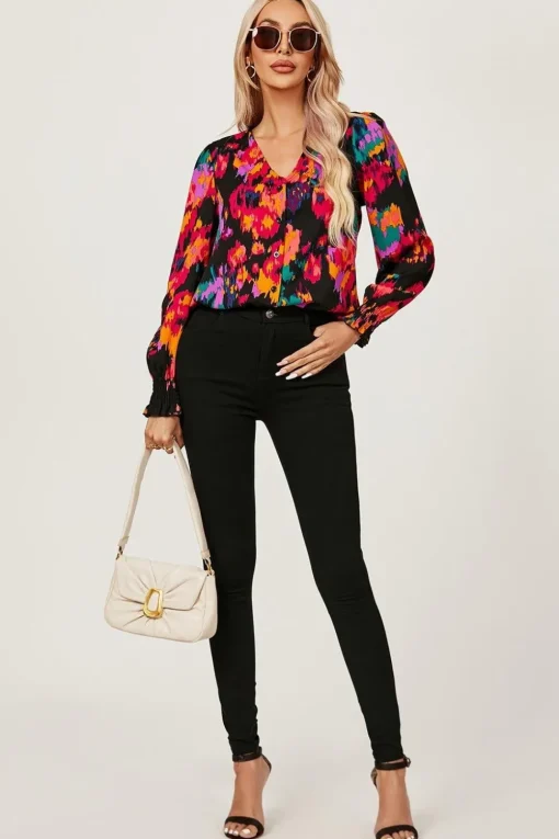 Button Through V Neck Long Sleeve Blouse Top
