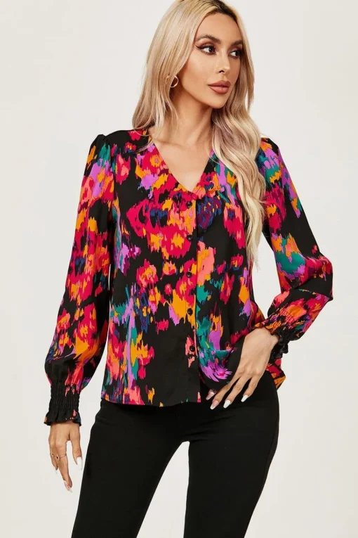 Button Through V Neck Long Sleeve Blouse Top