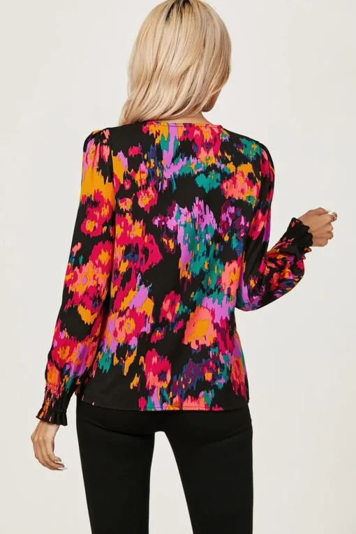 Button Through V Neck Long Sleeve Blouse Top