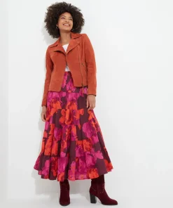 Button-Front Tiered Floral Maxi Skirt