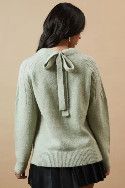 Cable Yolk Raglan Jumper With Satin Tie Back Bow