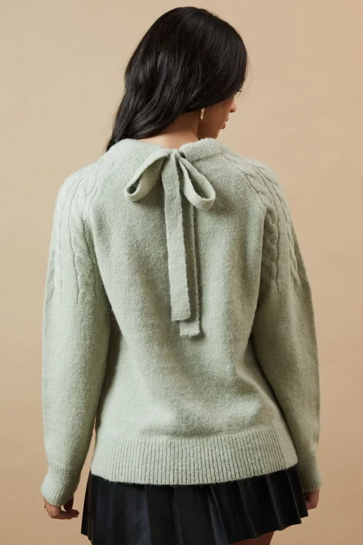 Cable Yolk Raglan Jumper With Satin Tie Back Bow
