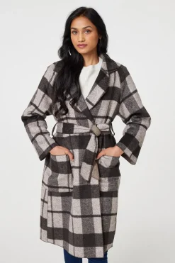 Checked Longline Coat with Belt